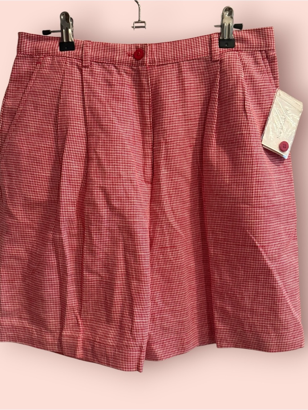 NWT Vintage Linen Blend High Waist Pleated Shorts Red Houndstooth